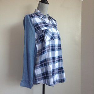 Beach Lunch Lounge Elly Blue Womens XS Plaid Shirt Blouse Button Up Top Chambray